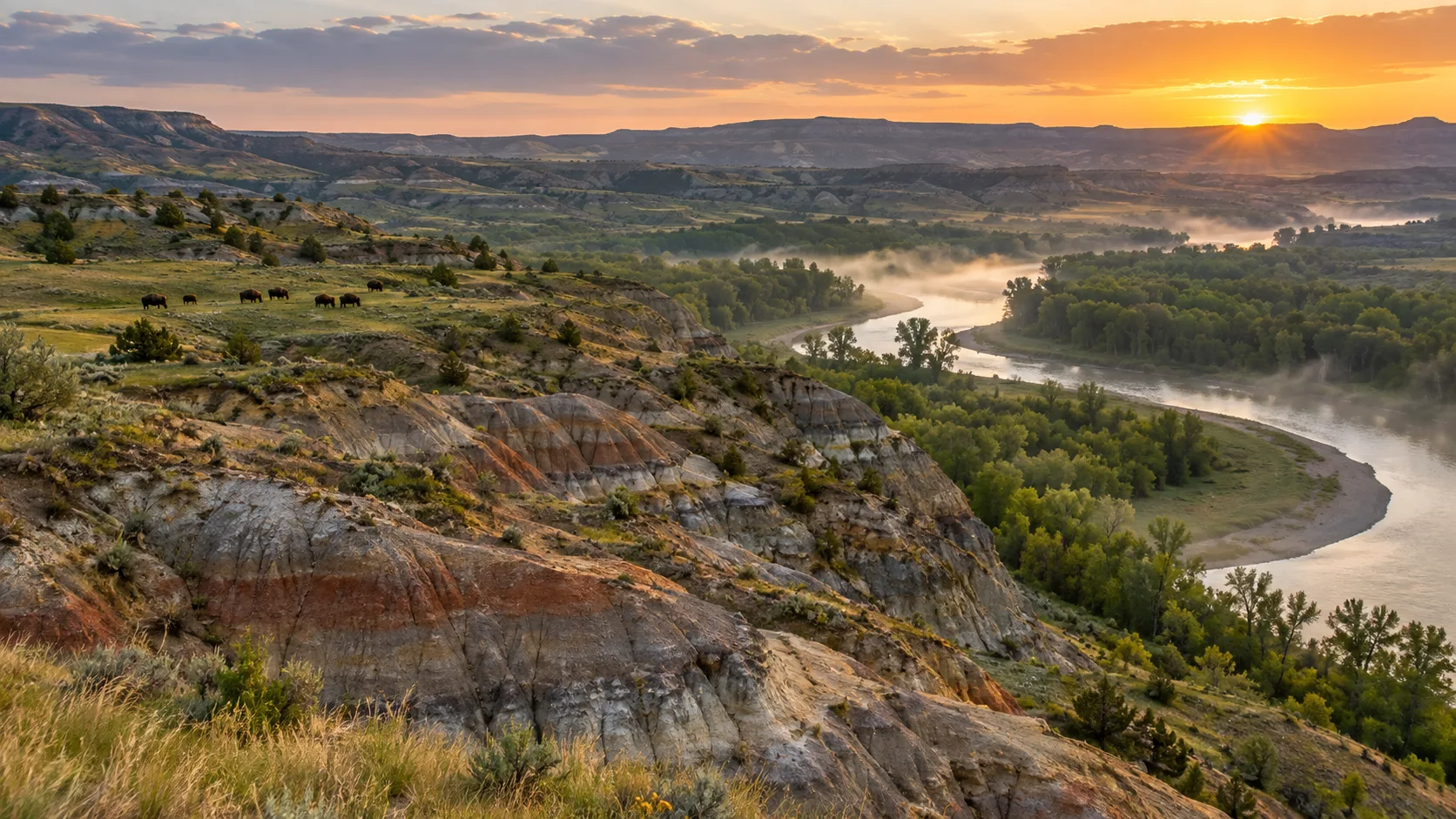 Bison grazing above the Little Missouri River at sunrise in Theodore Roosevelt National Park