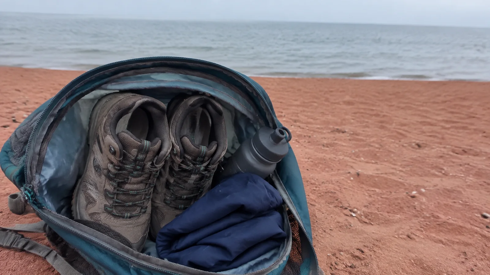 Open backpack containing hiking boots and folded clothing on red sand.