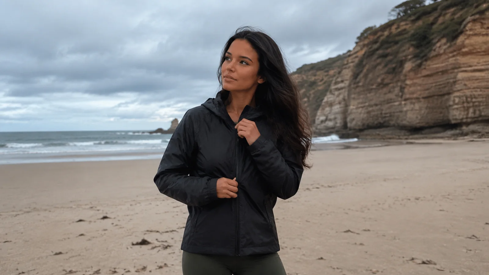 Woman adjusting her rain jacket on a beach below layered cliffs.