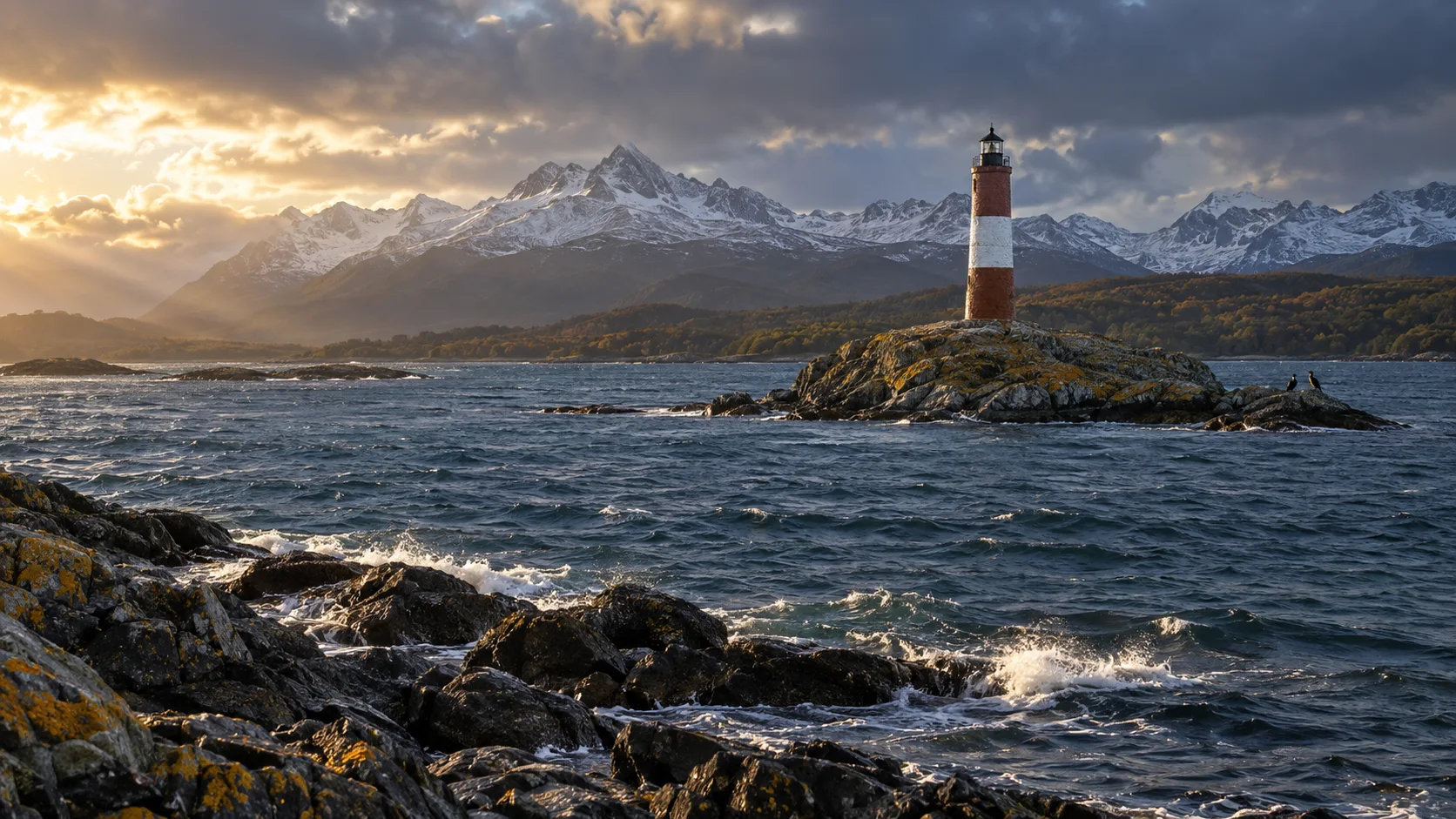 Les Eclaireurs lighthouse in the Beagle Channel beneath Tierra del Fuego's snowy mountains