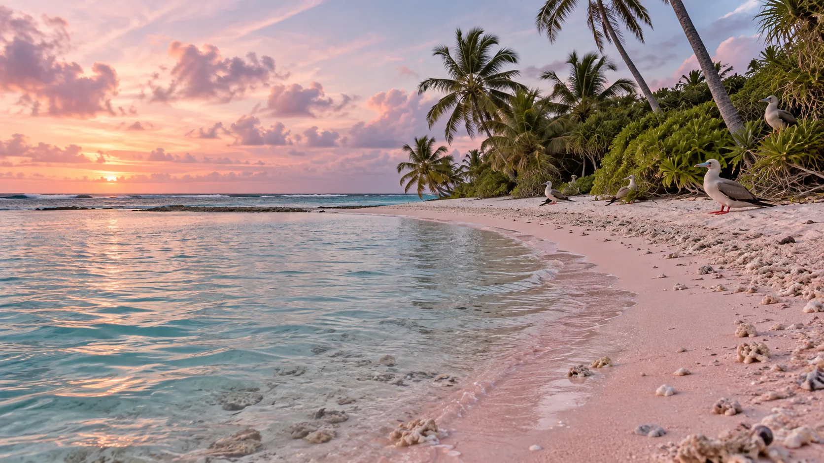 Pink coral-sand beach, coconut palms and seabirds beside Tikehau's calm turquoise lagoon at dawn
