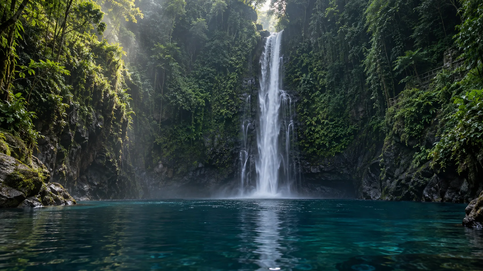 Tall Tinago Falls plunging into a deep blue-green lagoon inside a forested Iligan ravine.