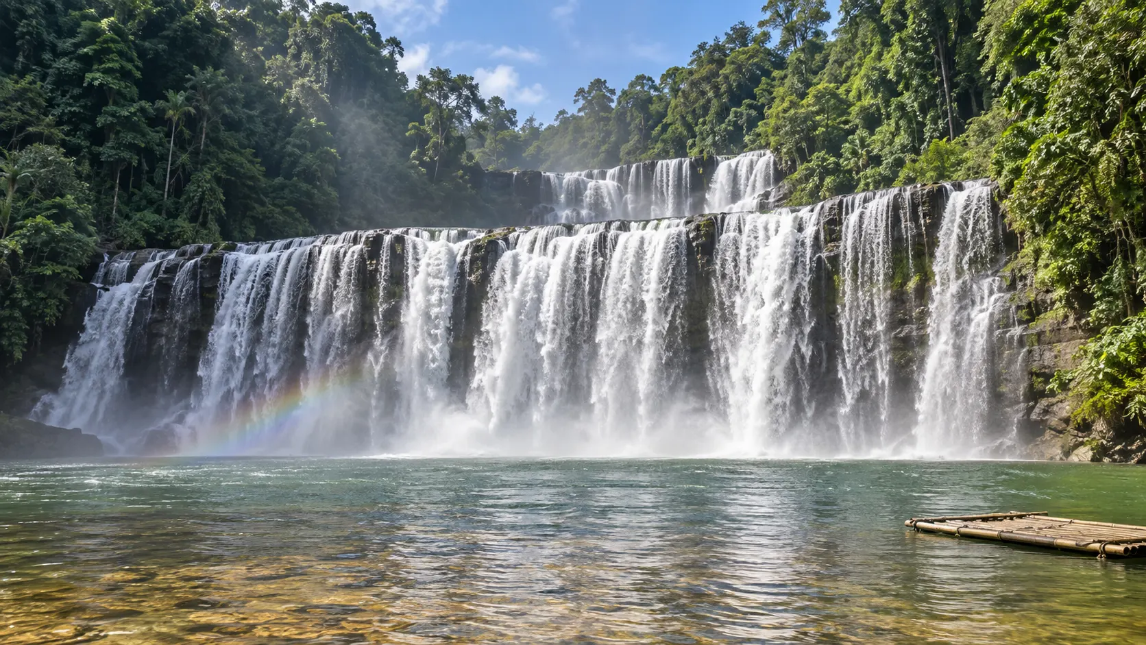 Broad multi-tiered Tinuy-an Falls with a rainbow forming in the morning spray near Bislig.