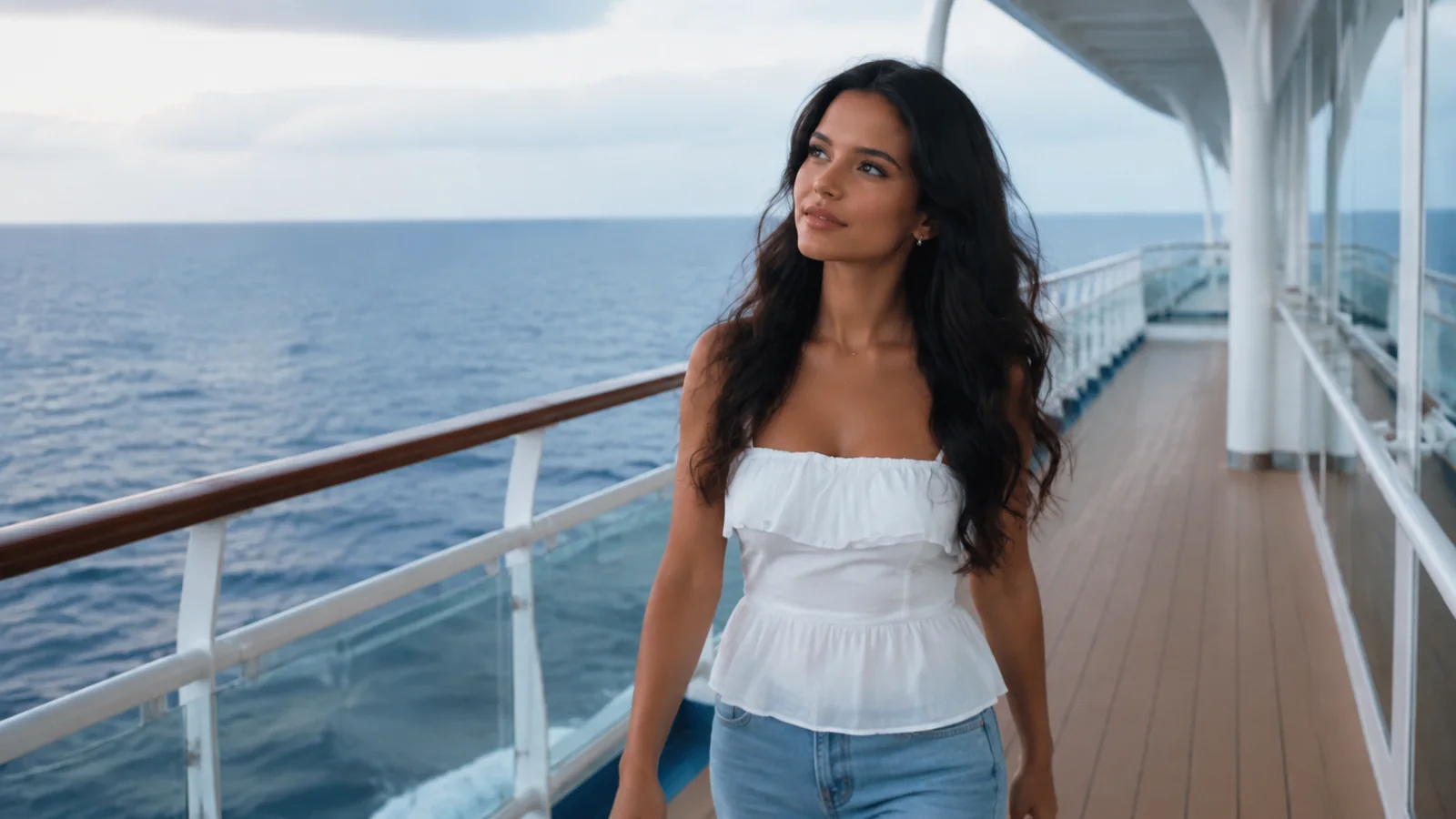 Woman walking along an open cruise ship deck beside the ocean.
