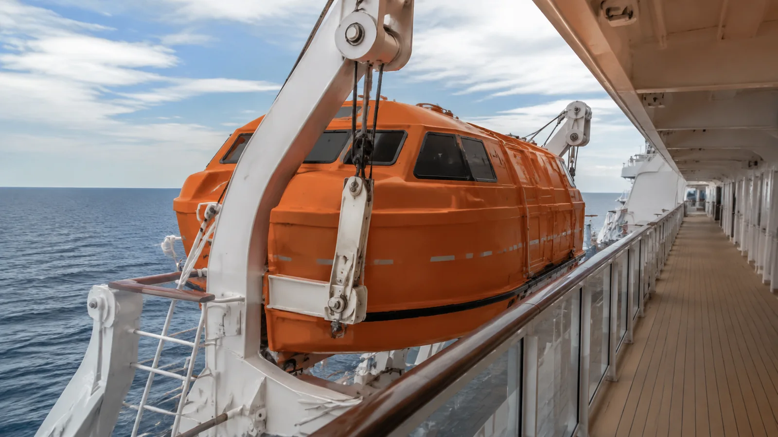 Orange enclosed lifeboat suspended beside a covered ship deck.