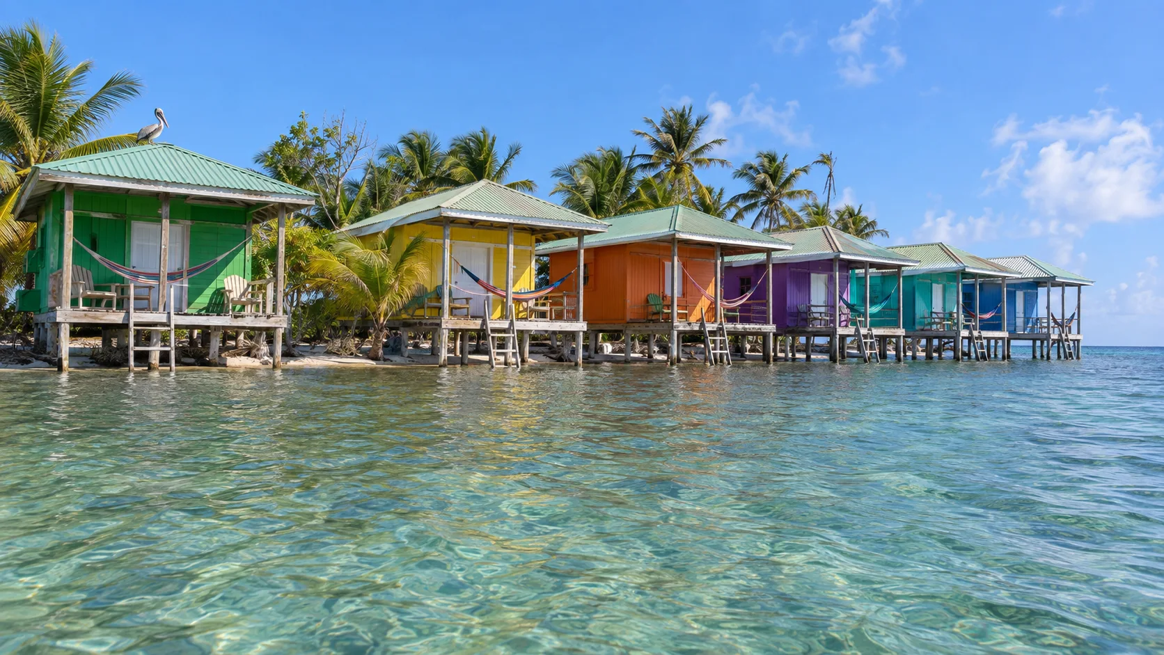 Colorful overwater cabanas with hammocks at Tobacco Caye Paradise in Belize.