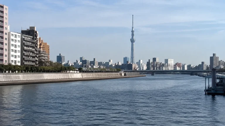 City river with bridges and a tall slender broadcast tower.
