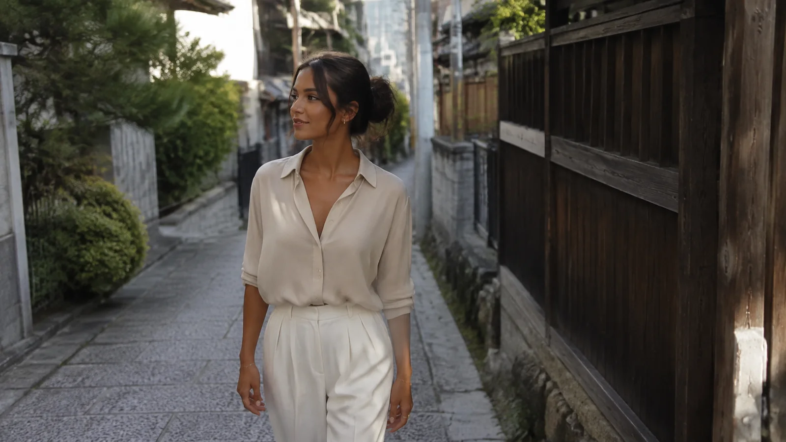 Woman walking a narrow stone lane beside dark wooden buildings.