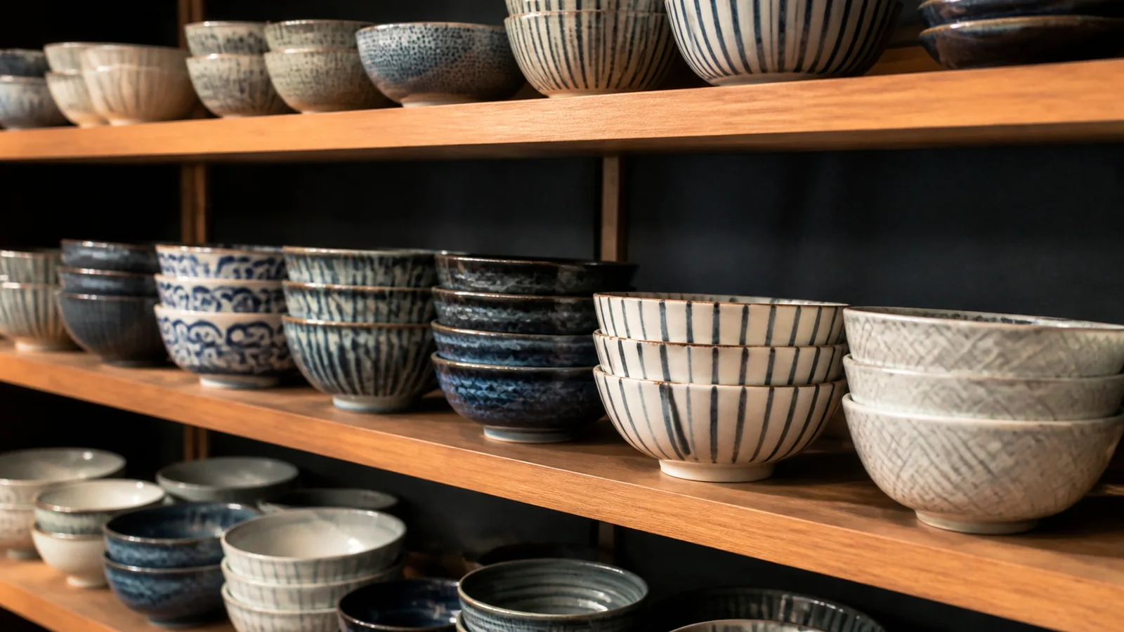 Patterned ceramic bowls stacked on wooden shelves in a shop.