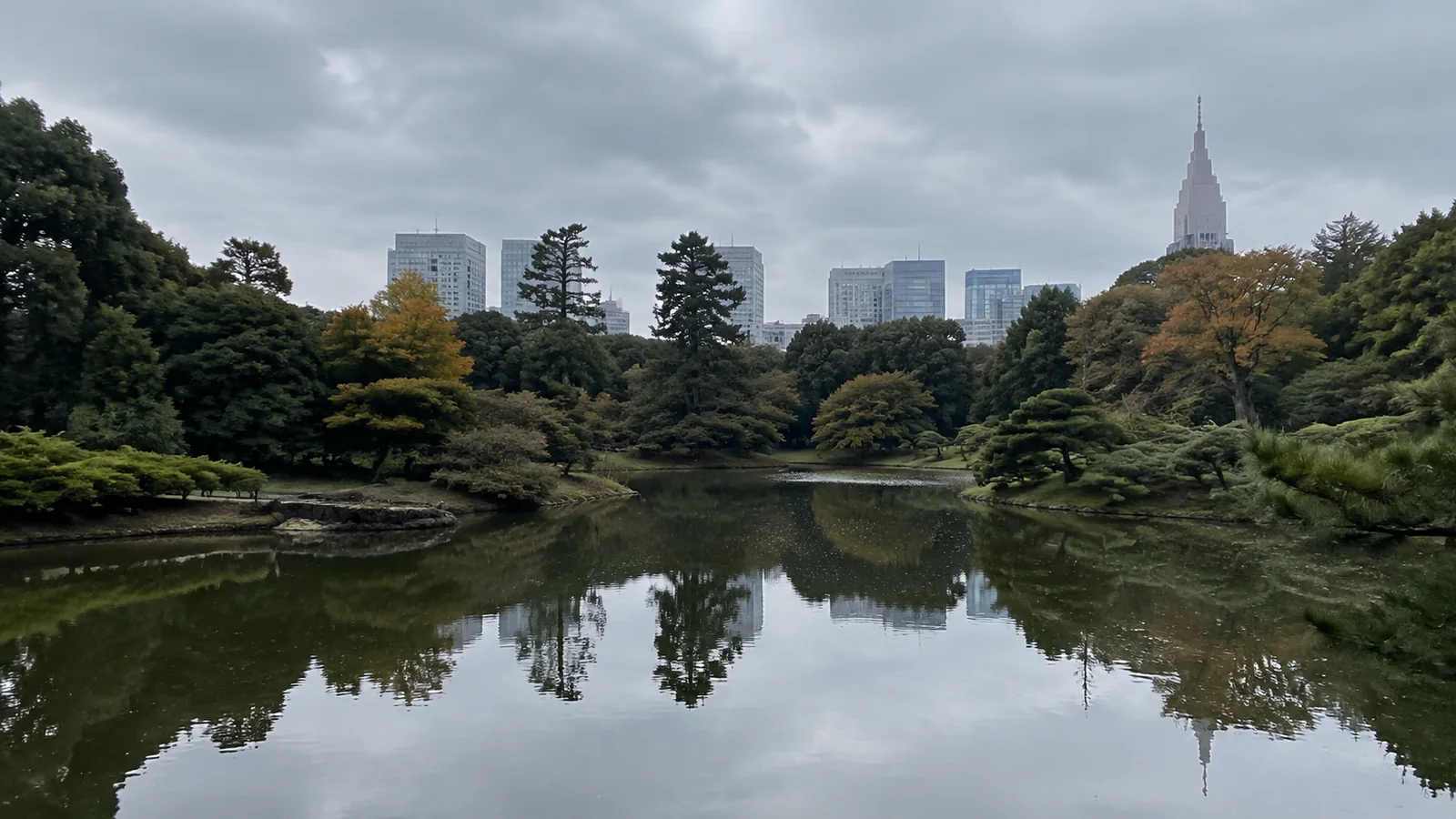 Quiet garden pond reflects trees with city buildings in the distance.