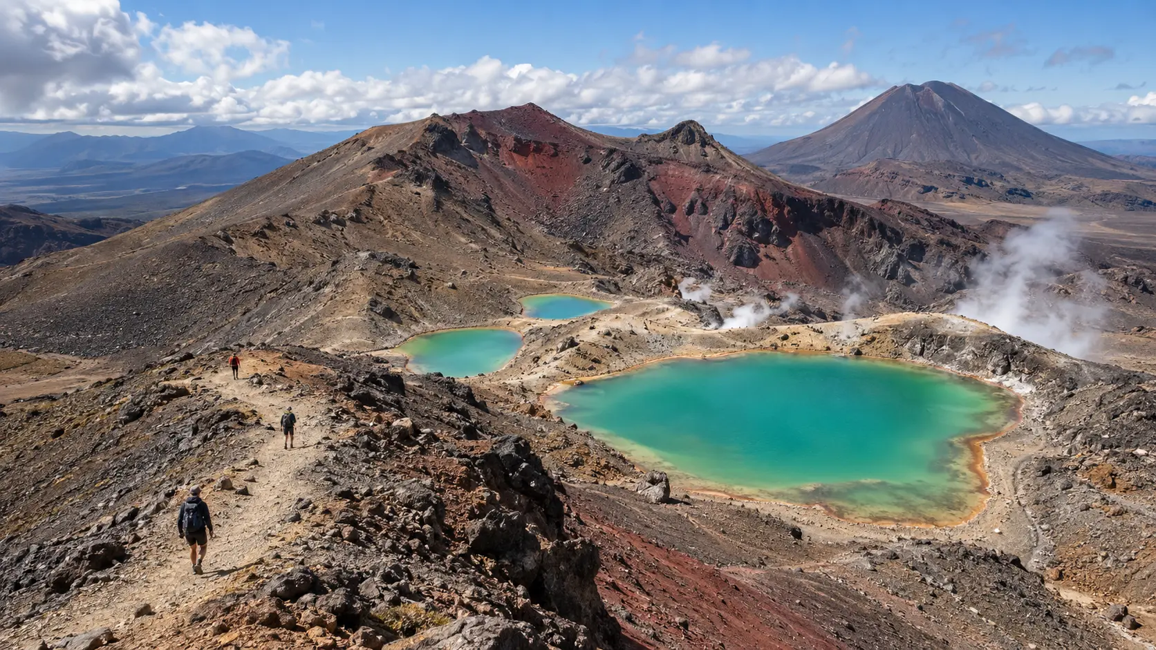 Hikers descending past the Emerald Lakes on the Tongariro Alpine Crossing.
