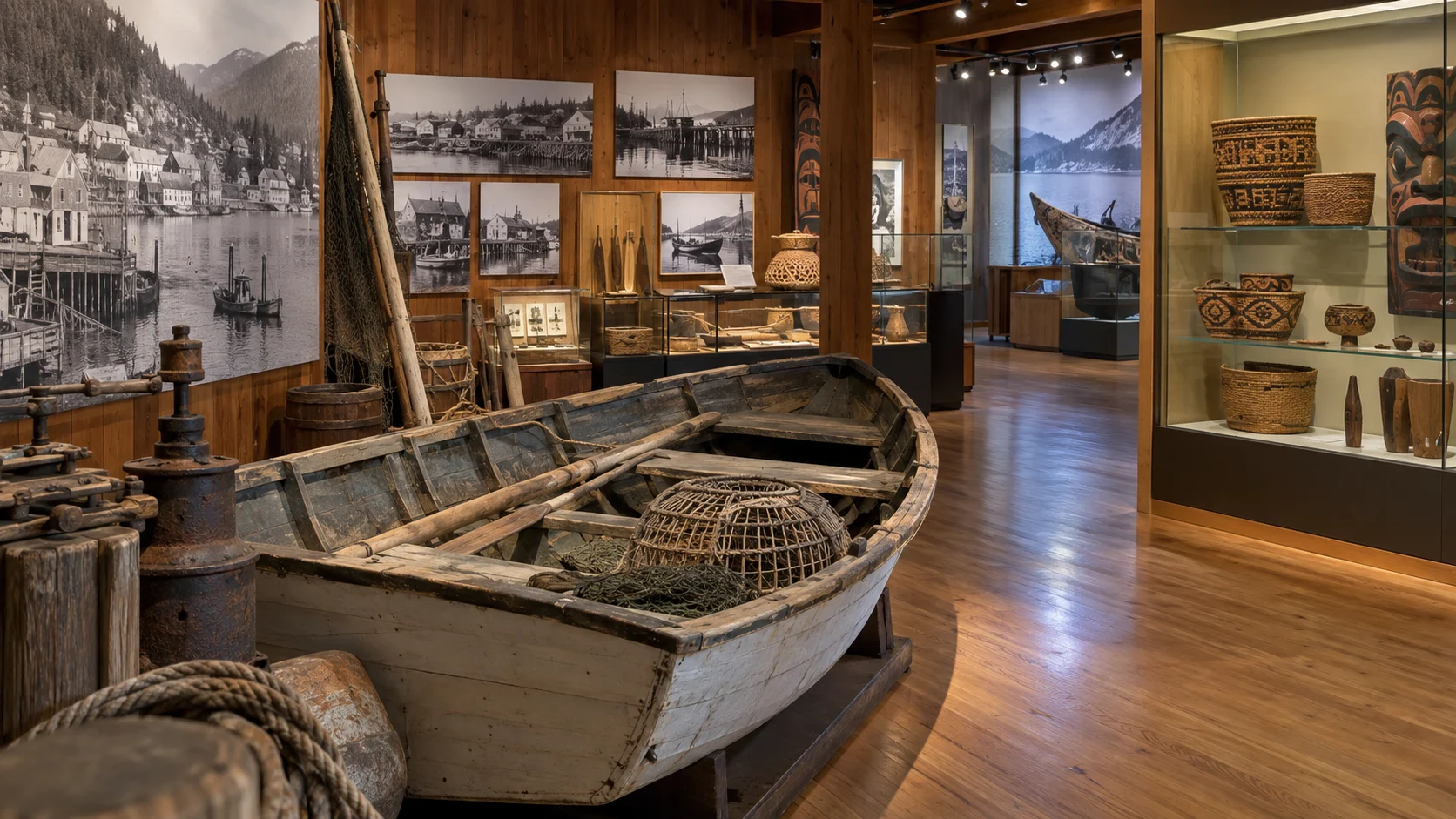 Historic fishing skiff and regional artifacts in Ketchikan's Tongass Historical Museum
