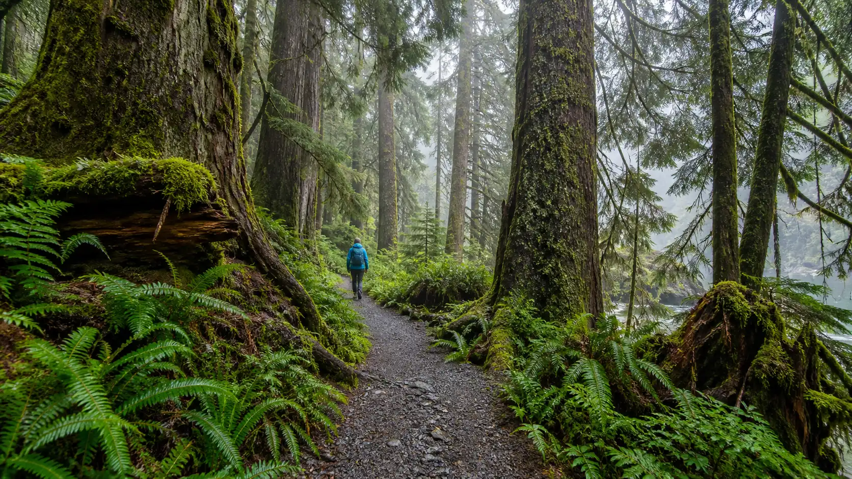 Traveler walking beneath giant mossy trees and ferns in the Tongass rainforest