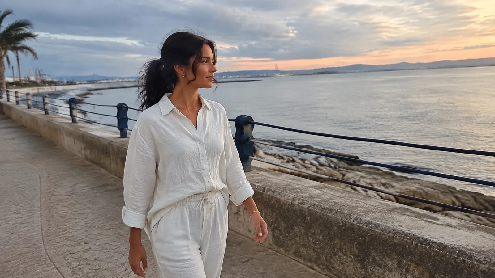 Woman walks along a waterfront promenade at sunset.