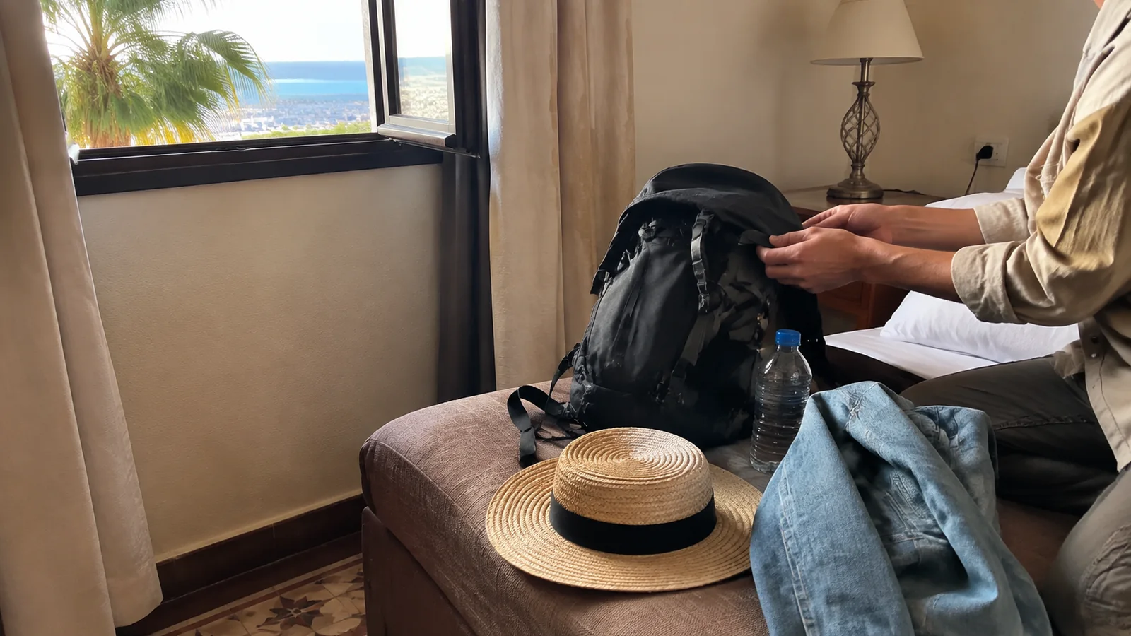 Traveler packs a backpack beside a straw hat and water bottle.