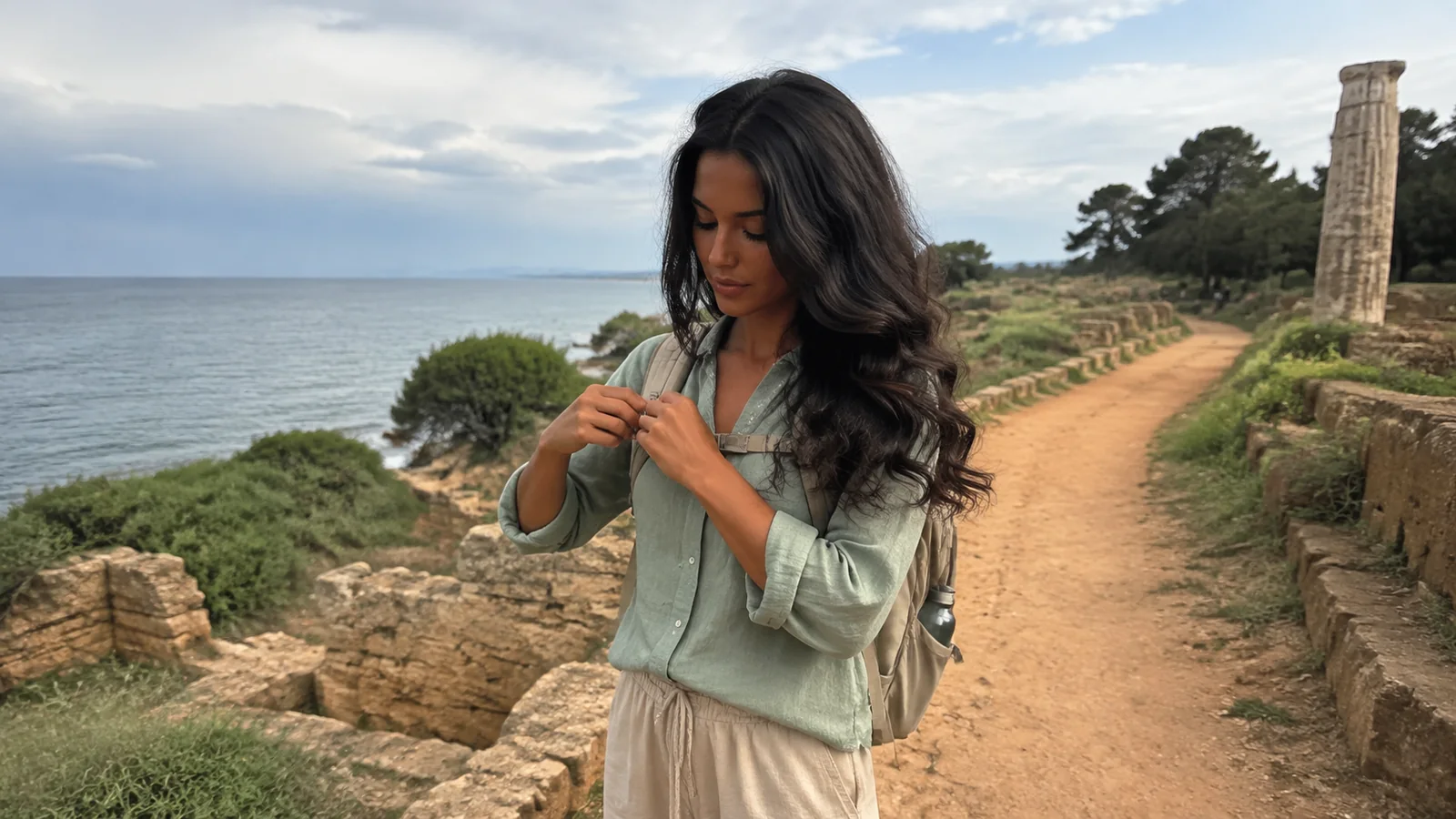 Woman adjusts her shirt sleeve on a coastal path beside ruins.