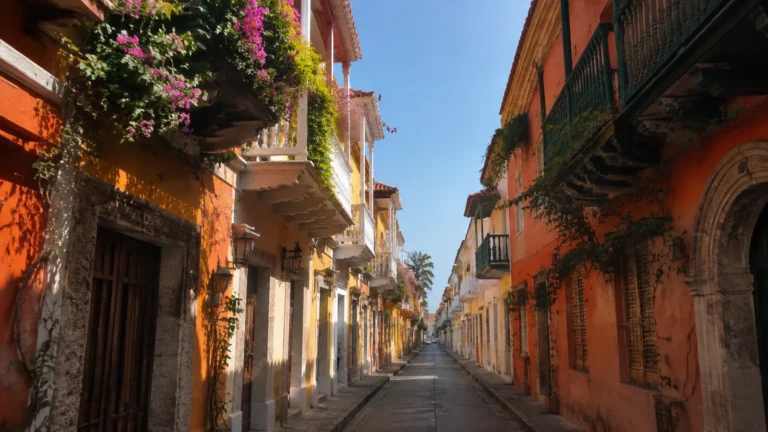 Narrow street lined with colorful buildings, wooden balconies, and flowers.