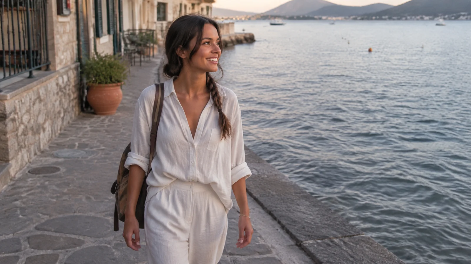 Woman walks along a stone waterfront path beside the sea.
