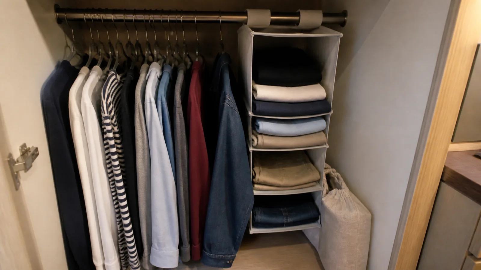 Clothing hangs neatly beside folded garments in an open wardrobe.