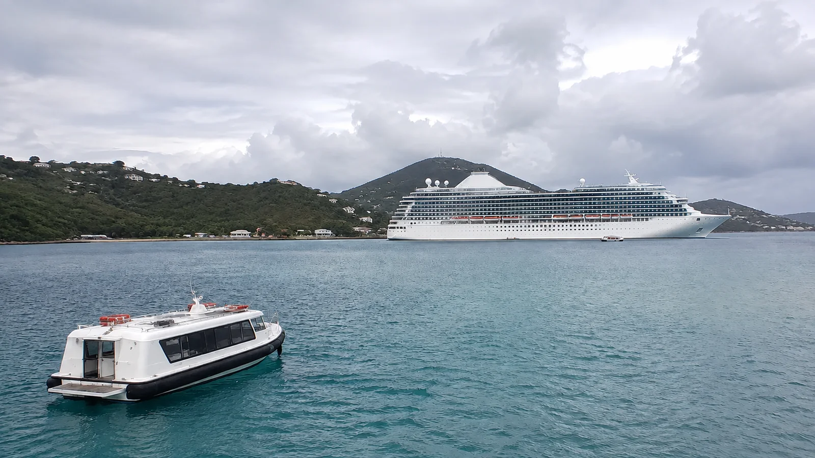 Tender boat crosses a bay near a large anchored cruise ship.
