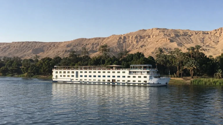 River cruise boat beside palms and dry golden cliffs.