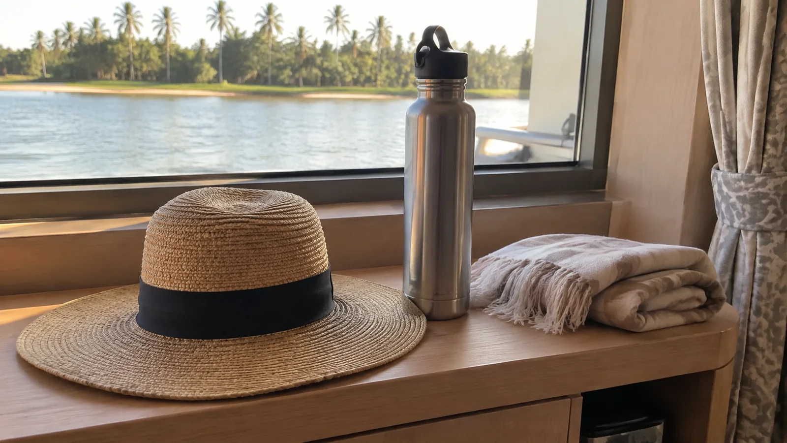 Sunhat, metal water bottle and folded scarf on a river-view windowsill.