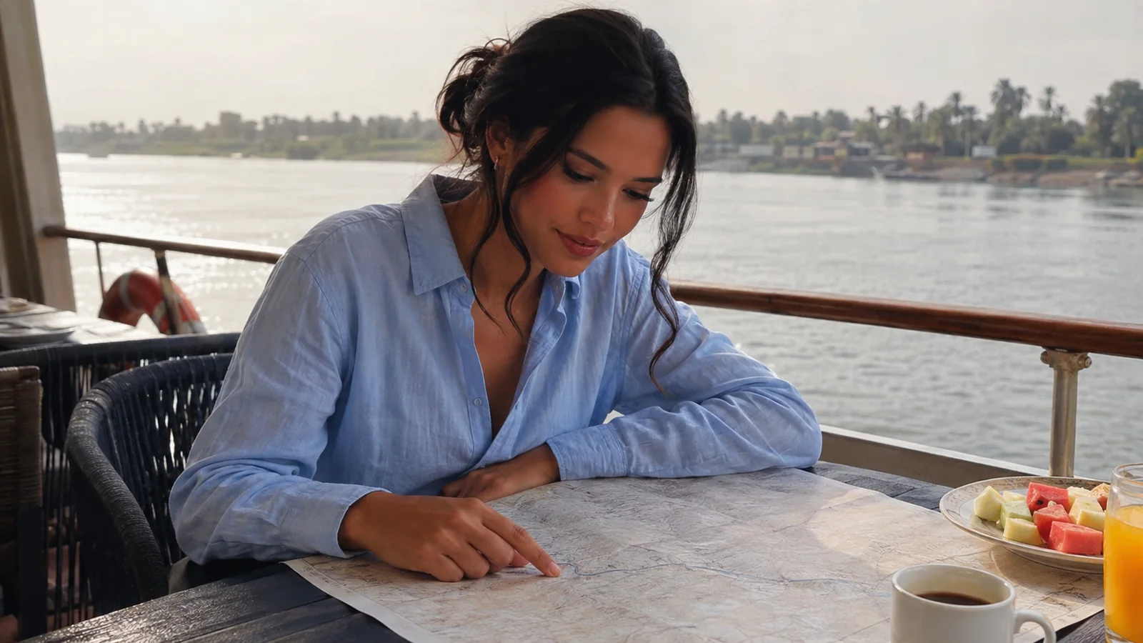 Woman studying a map over breakfast on a riverboat deck.