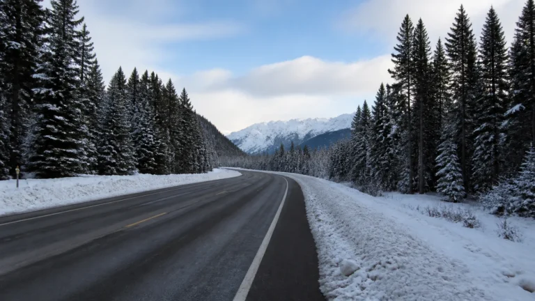 Cleared road curving through snow-covered evergreen forest toward distant mountains.