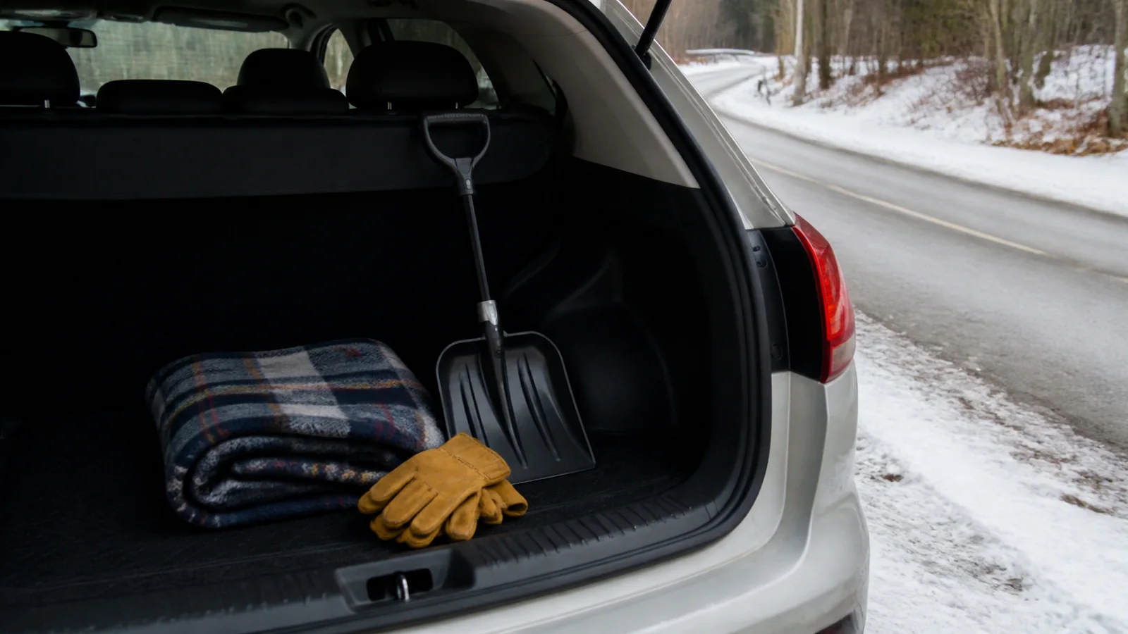 Blanket, work gloves, and shovel stored in an open car trunk beside a snowy road.