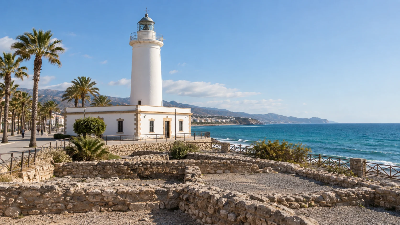 White Torrox Lighthouse beside Roman ruins and the turquoise Costa del Sol in Spain.