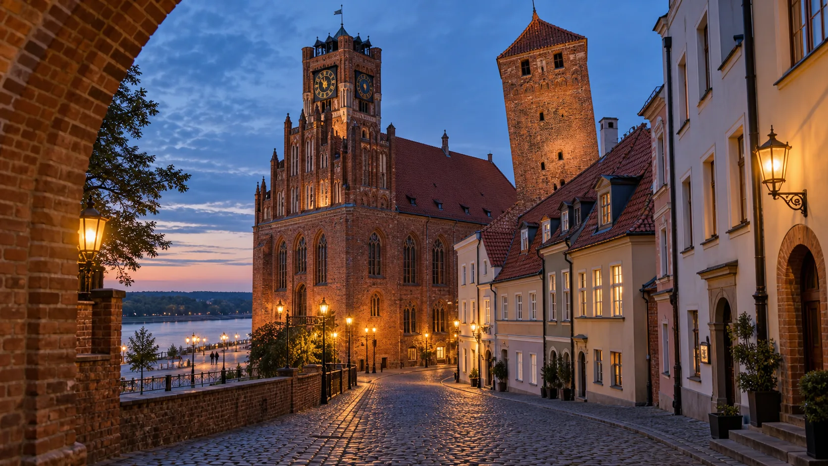 Gothic brick towers and cobbled streets in Torun Old Town at blue hour