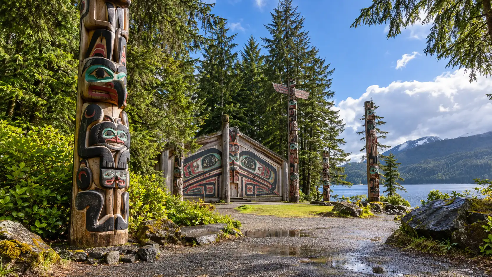 Colorful totem poles and a traditional clan house beside the water at Totem Bight