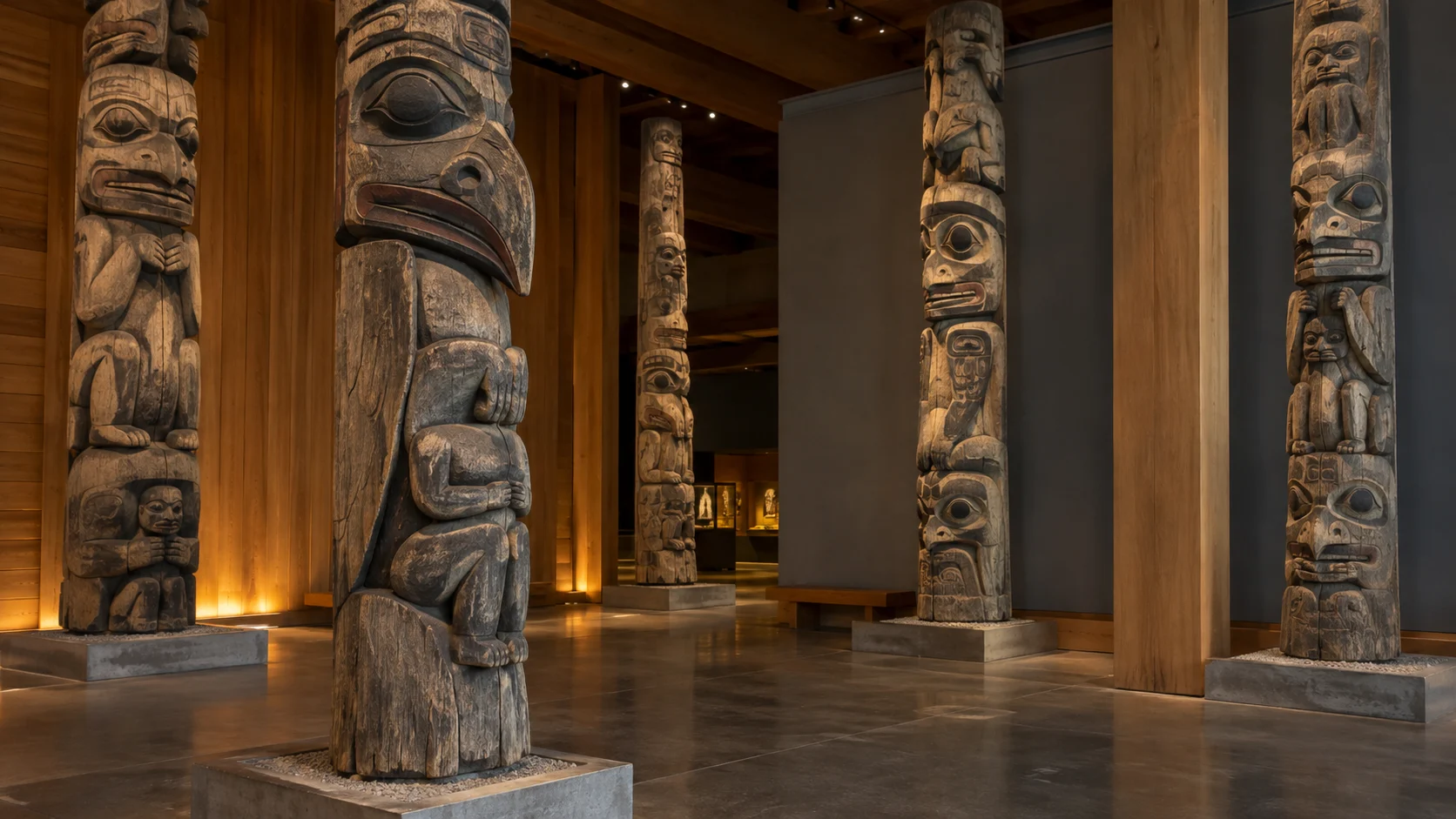 Weathered historic totem poles displayed inside Ketchikan's Totem Heritage Center
