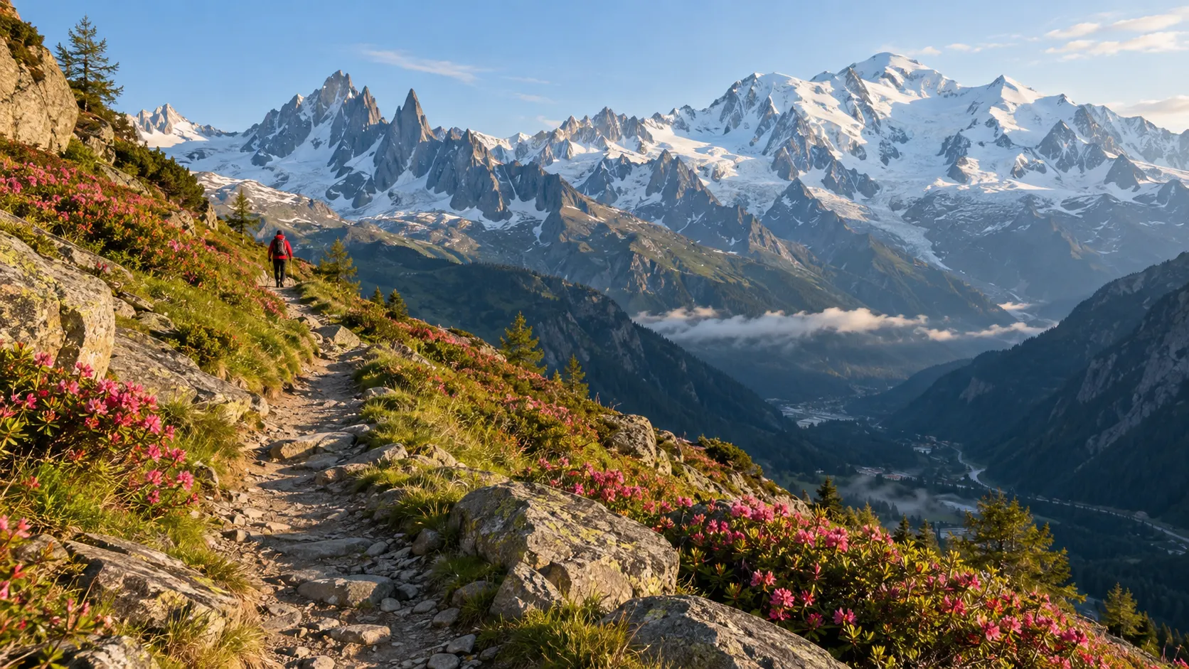 A hiker on the Tour du Mont Blanc trail overlooking the snow-covered Mont Blanc massif.