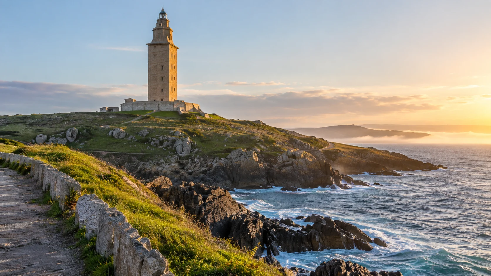 Tower of Hercules glowing at sunrise above the rocky Atlantic coast in A Coruña, Spain.