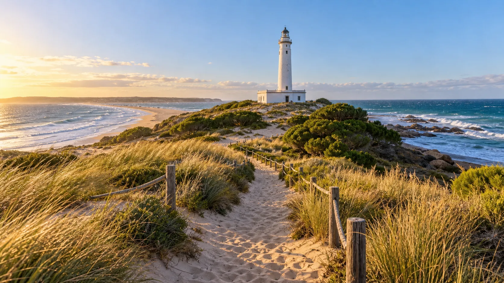 Sandy dune path leading through golden grass to Trafalgar Lighthouse on Spain's Atlantic coast.
