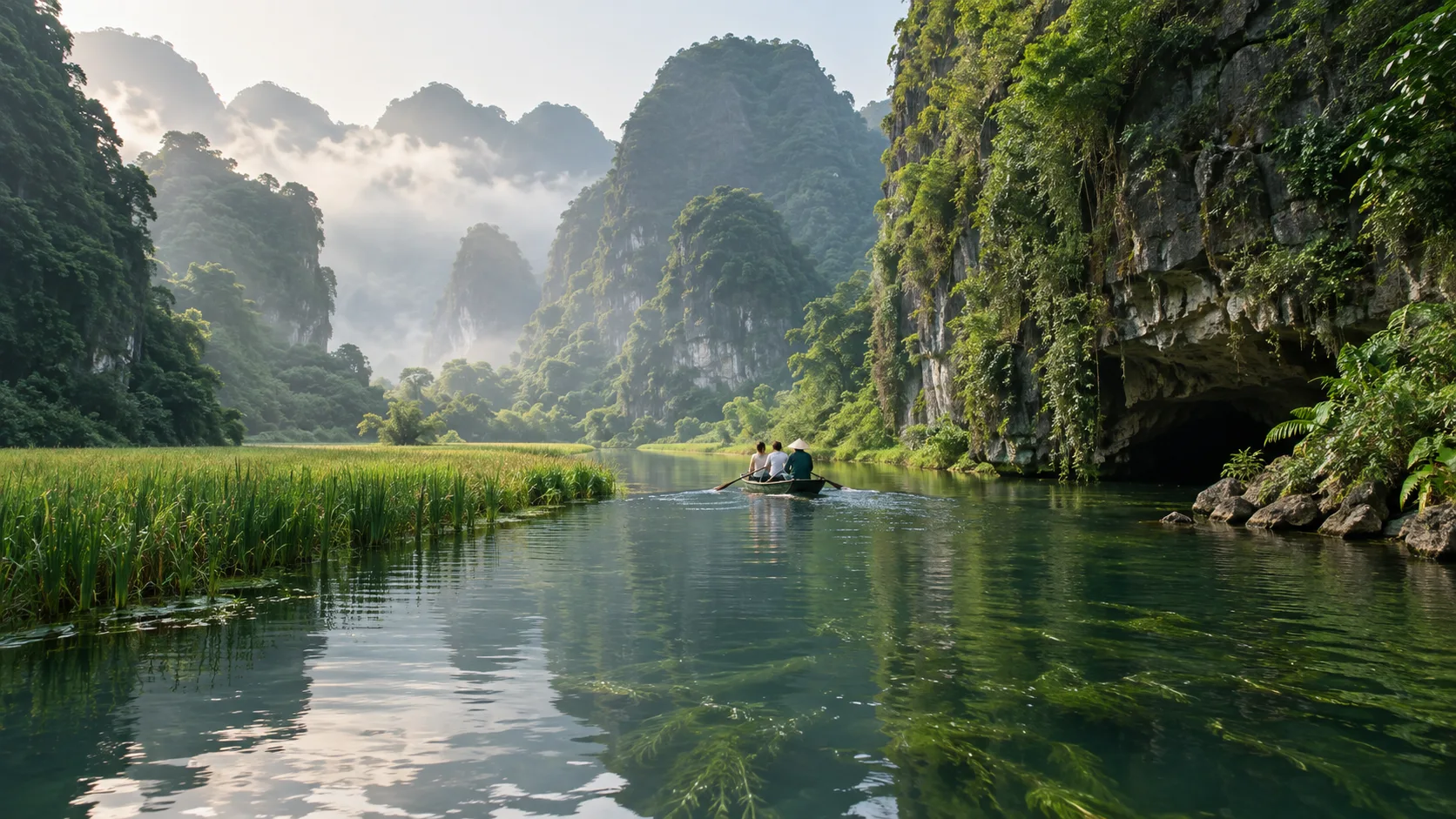 A sampan gliding past rice plants and a cave beneath the limestone peaks of Trang An in Ninh Binh.