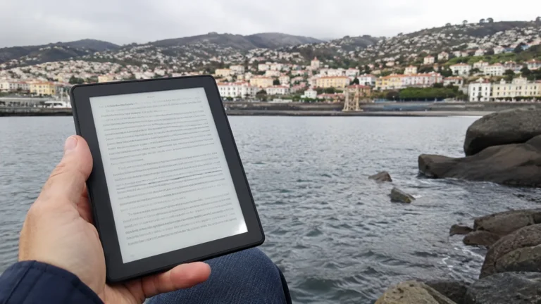 Hand holding an e-reader beside a rocky shoreline and hillside town