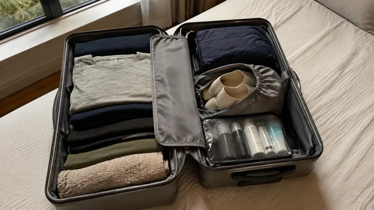 Open suitcase contains neatly packed clothing, shoes, and toiletry bottles.