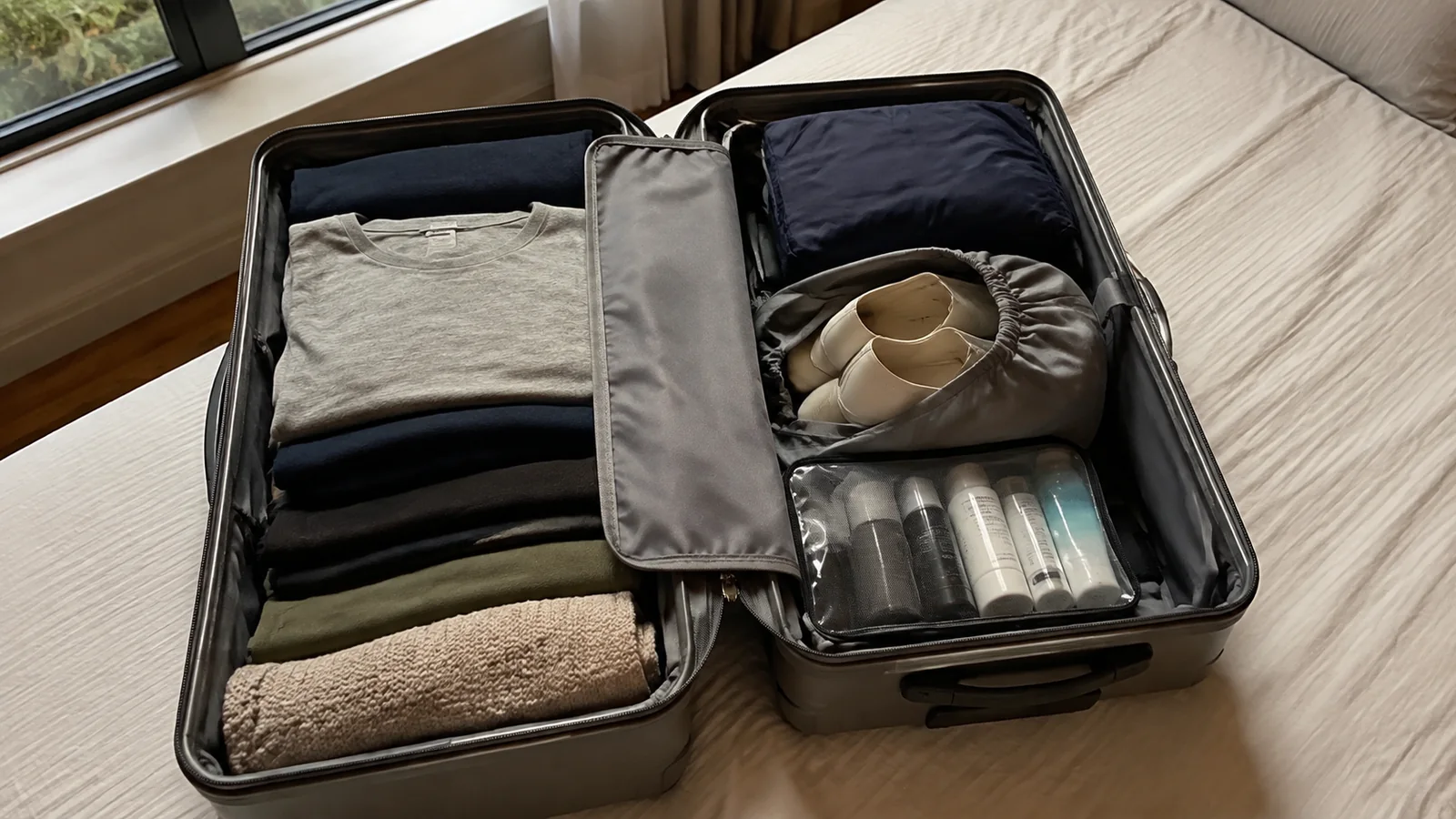 Open suitcase contains neatly packed clothing, shoes, and toiletry bottles