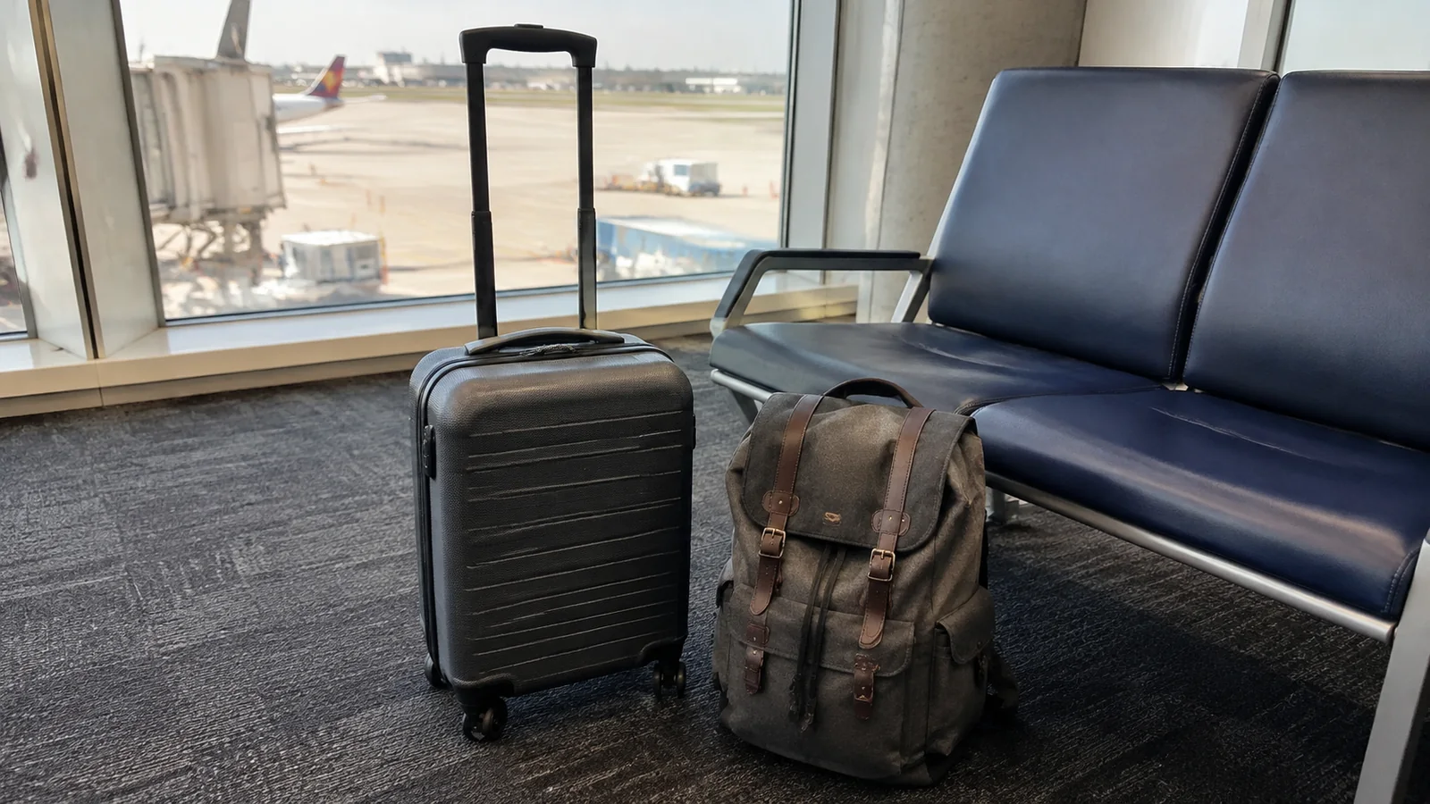 Suitcase and backpack stand beside empty airport terminal seats.