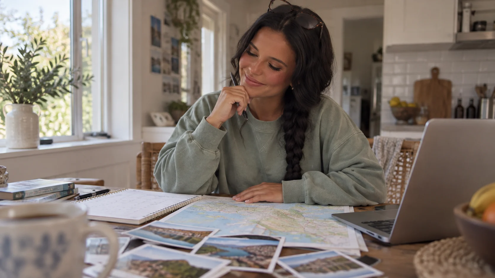 Ellie compares a map and calendar while choosing the right trip.