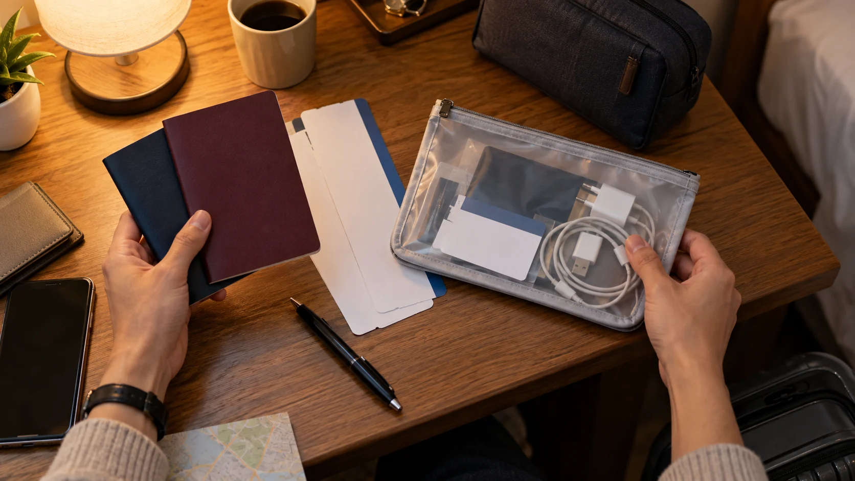 Hands organize passports, travel documents and essential cords on a hotel desk.