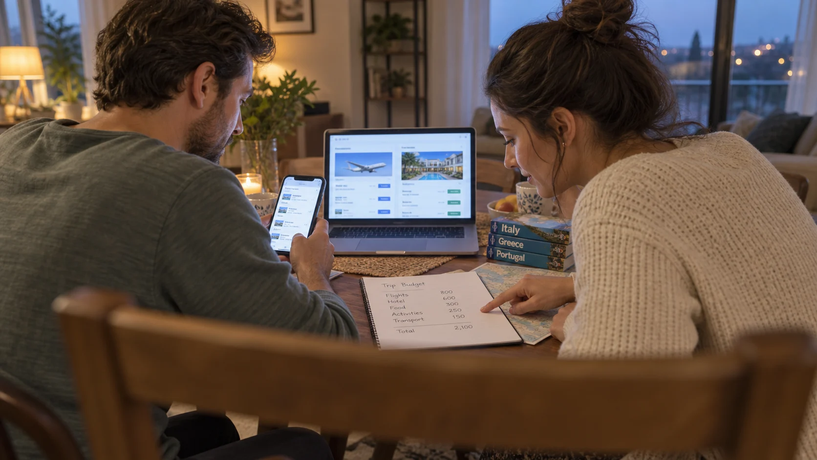 Two travelers compare bookings on a laptop and phone at home.