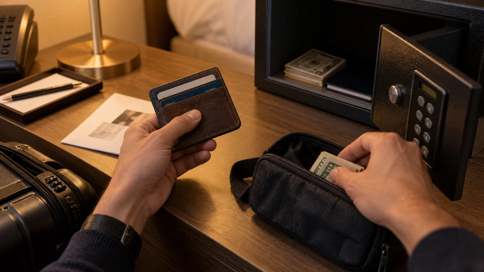 Hands divide payment cards and emergency cash between secure travel storage places.