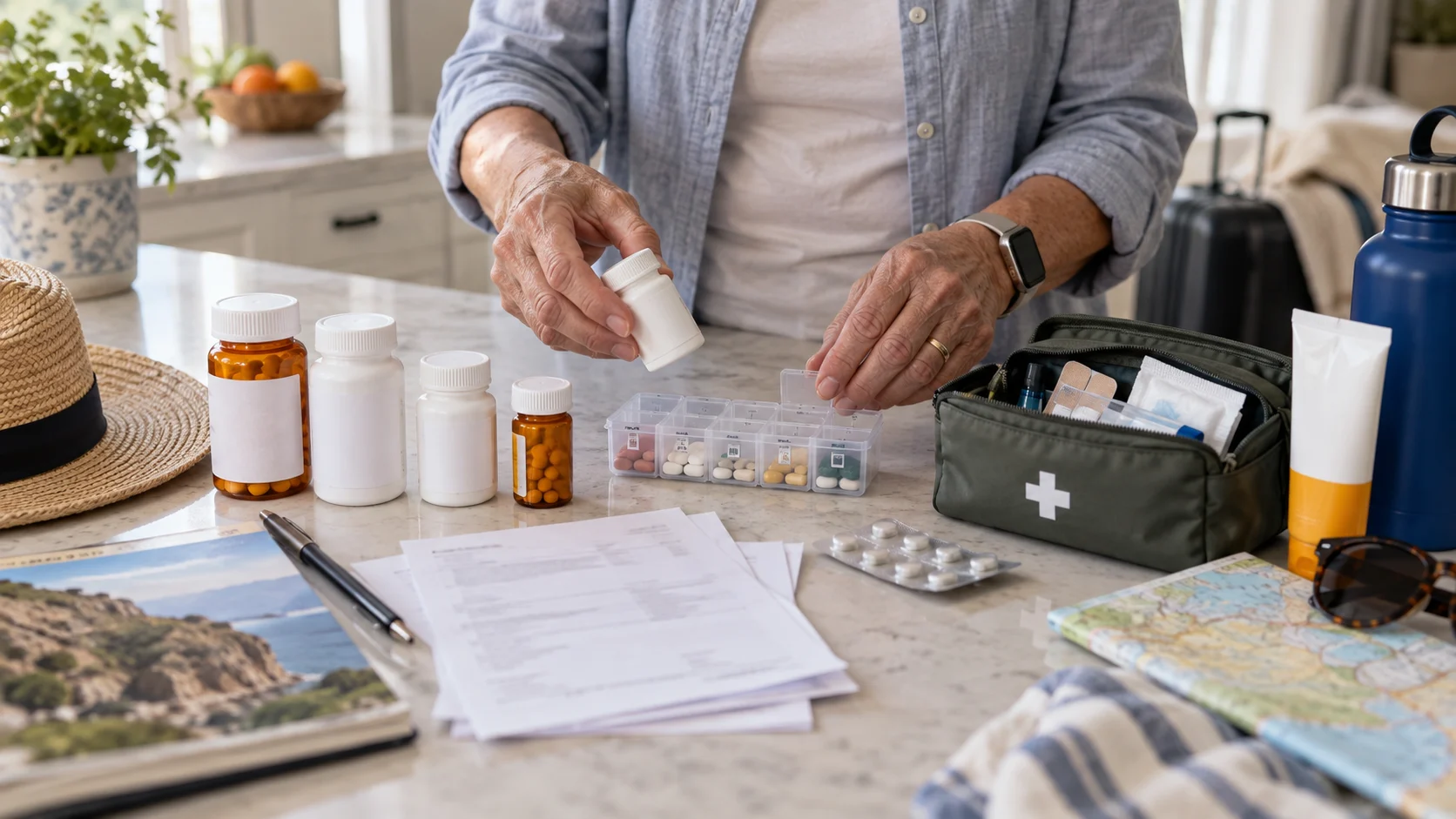 Hands organize medication, first-aid supplies and sunscreen before a trip.