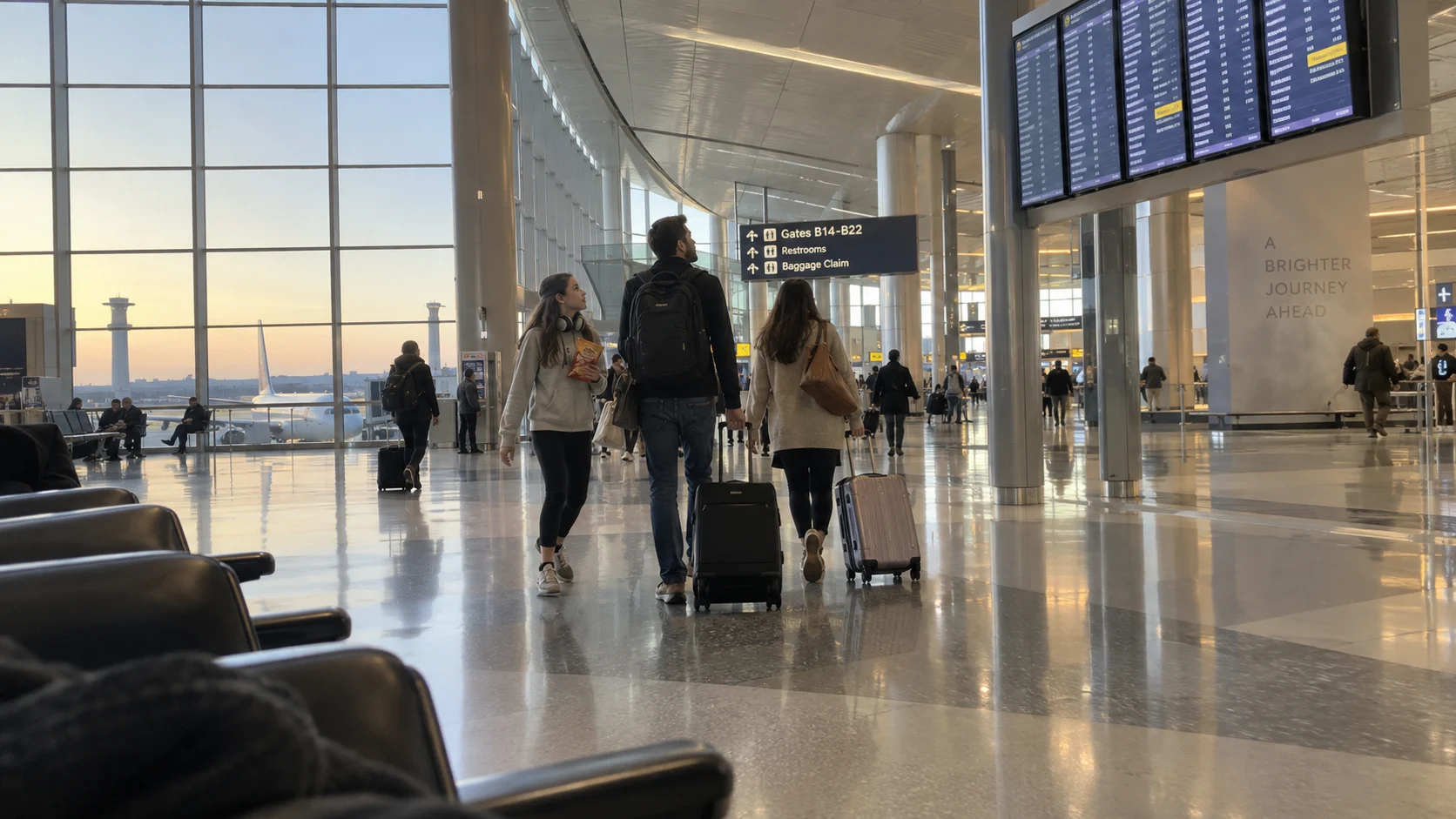 A family moves through an airport with compact luggage and carry-on essentials.