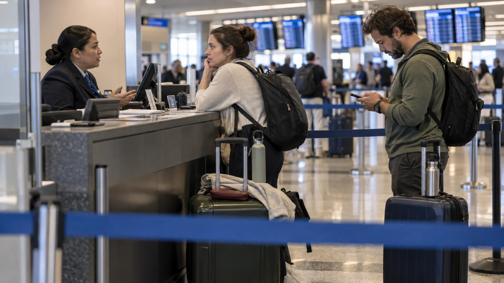 Travelers calmly seek help at an airport service area beside delayed luggage.