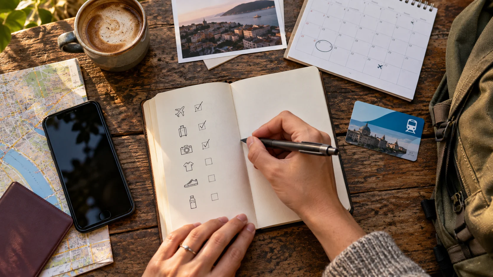 A traveler turns advice into a simple checklist at a wooden table.
