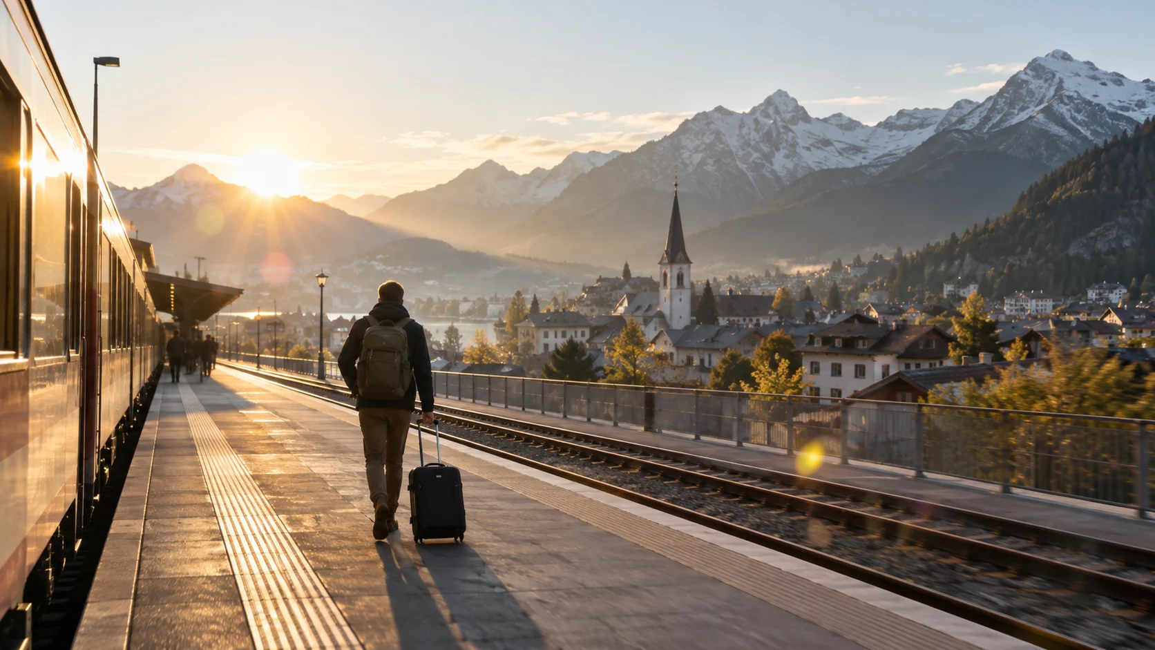 A solo traveler walks along a train platform with manageable luggage at sunrise.